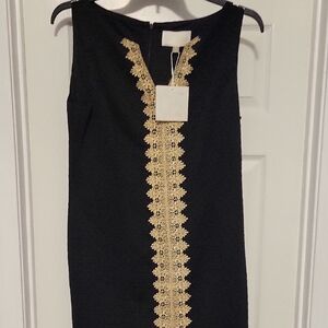 Pappagallo Black and Gold Sheath Mini Dress V-Neck Sleeveless